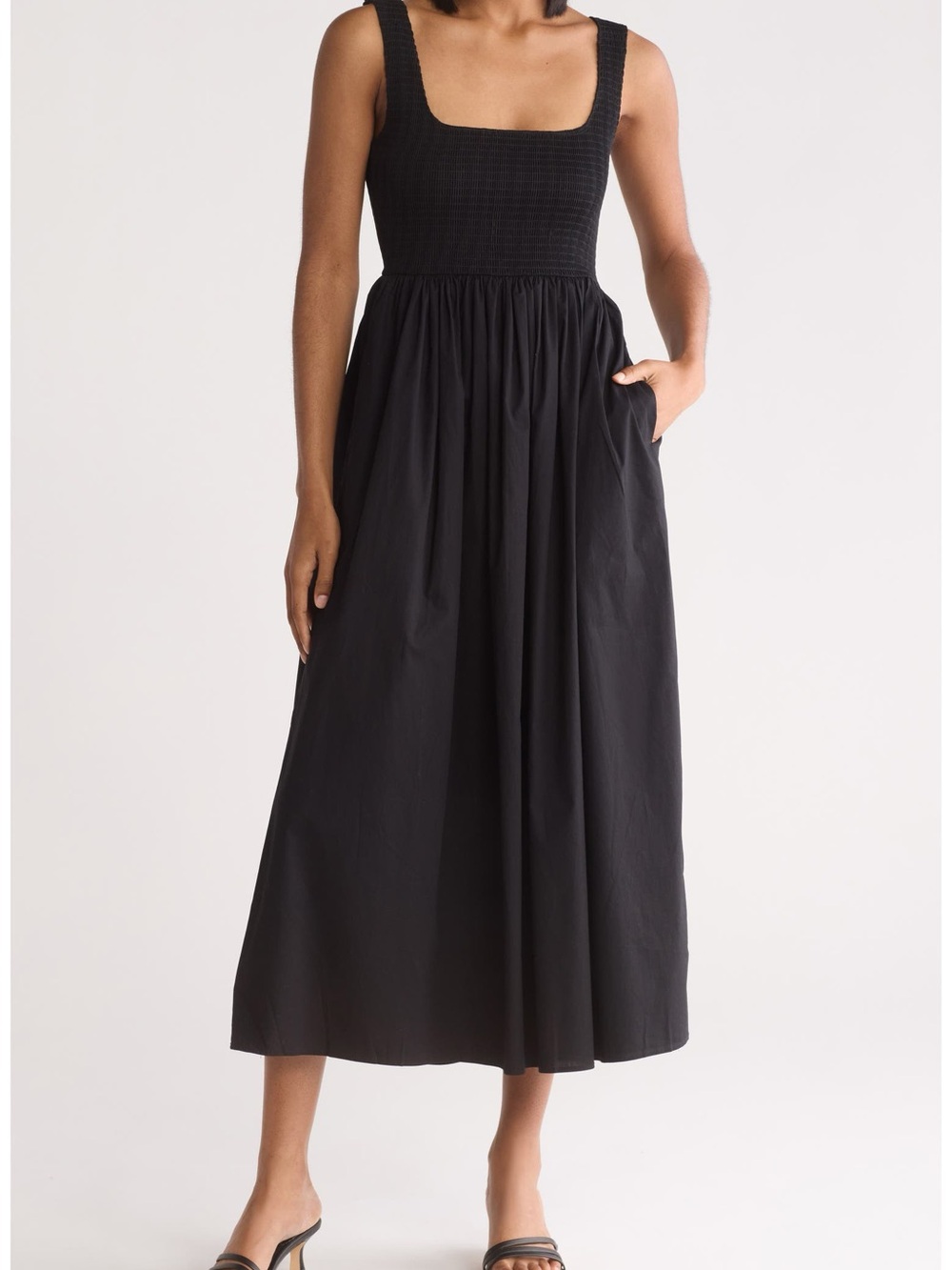 Wayf Black Smocked-Waist Maxi Skirt with Pockets